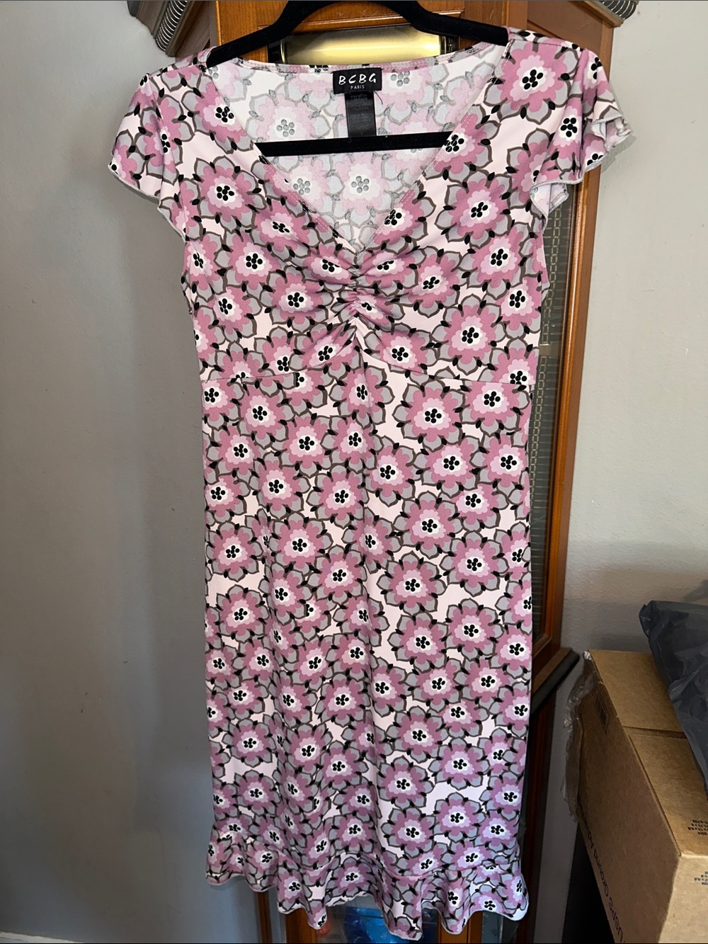 BCBG Paris Pink and White Floral Ruched V-Neck Casual Dress